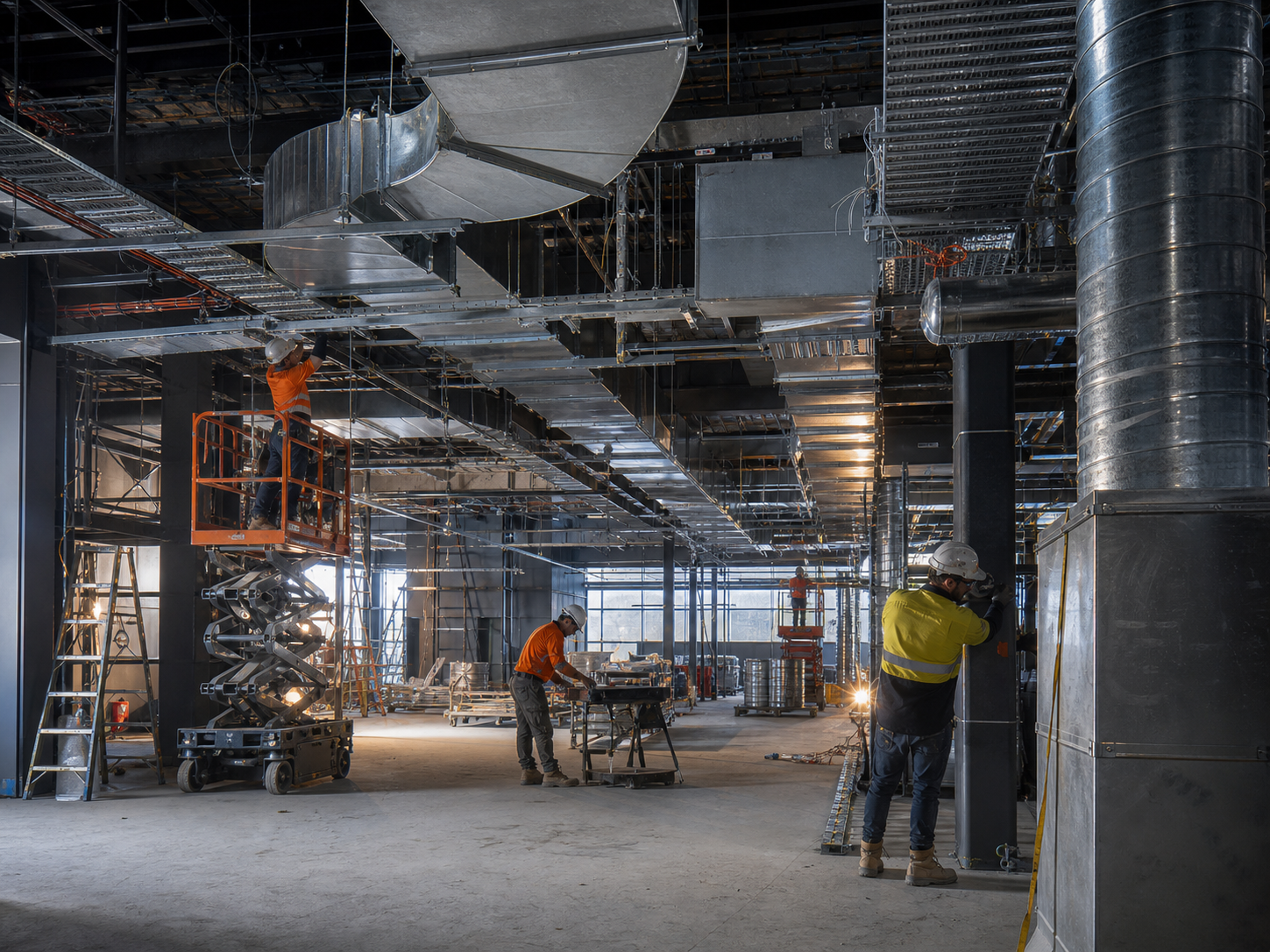 Trades coordinating ductwork on a busy commercial construction site